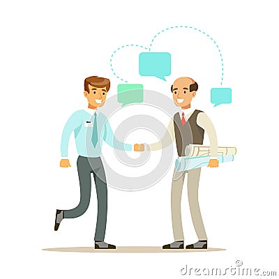 Two businessmen discussing at meeting. Colorful cartoon character vector Illustration Vector Illustration