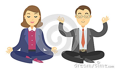 Two businessmen doing meditation. Man and woman doing yoga Vector Illustration