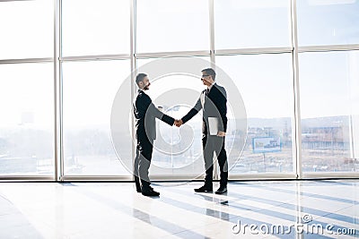 Two businessmen greeting with handshake in office Stock Photo