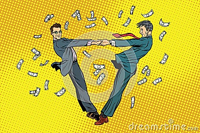 Two businessmen happily dancing in a whirlwind of money Vector Illustration