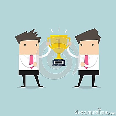 Two businessmen holding gold winner cup together. Vector Illustration