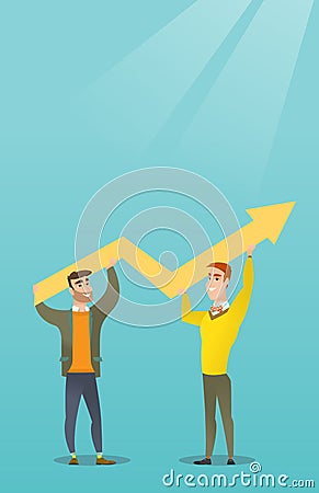 Two businessmen holding growth graph. Vector Illustration