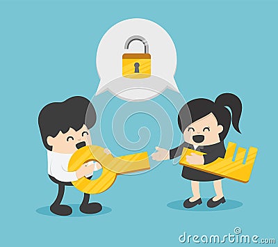 Two businessmen holding key of success Vector Illustration