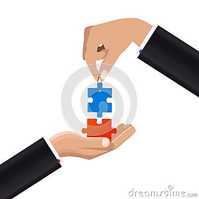 Two Businessmen putting puzzle pieces together. Vector Vector Illustration
