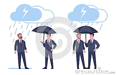 Two businessmen in rain. Success or failure. Office workers standing under umbrella. Rainy cloud. Protection from fails Vector Illustration