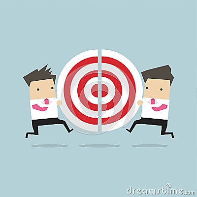 Two businessmen running and push a pieces of target. Vector Illustration