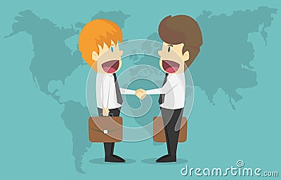 Two businessmen shake hands over world map.Cartoon of business s Vector Illustration