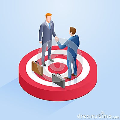 Two businessmen shake hands on the target. Vector Isometric illustration Vector Illustration