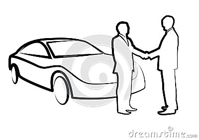 Two businessmen shaking hands in front of a car - illustration , Vector Illustration