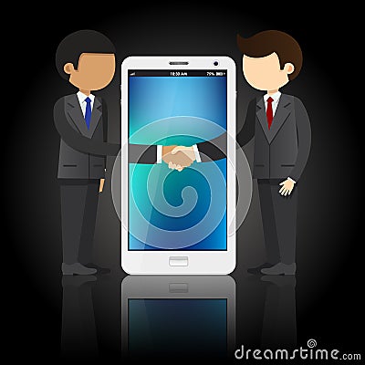 Two businessmen shaking hands and smart phone Vector Illustration