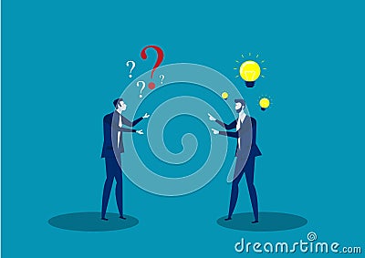 Two businessmen share idea positive thinking and question solution thinking illustrator Vector Illustration