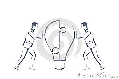 Two businessmen silhouette connecting puzzle bulb Vector Illustration