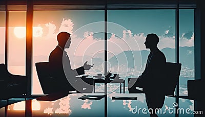 Two businessmen silhouettes negotiation in office across from panoramic window Cartoon Illustration