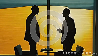 Two businessmen silhouettes negotiation in office across from panoramic window Cartoon Illustration