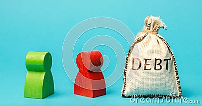 Two businessmen are standing near a money bag with the word Debt. Lender and borrower. Debt details discussion. Refusal to return Stock Photo