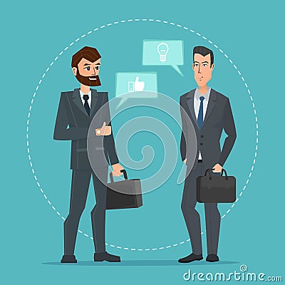 Two businessmen standing, talking, discussing negotiating. Vector Illustration