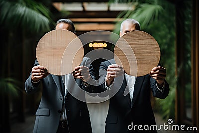 Two businessmen in suits holding wooden plates Stock Photo