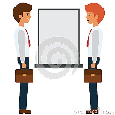 Two businessmen talking near presentation board cartoon flat vector illustration concept on isolated white background Vector Illustration