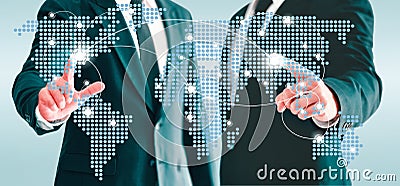 Two businessmen touching world map virtual button. Concepts of information and business contacts interconnected world Stock Photo