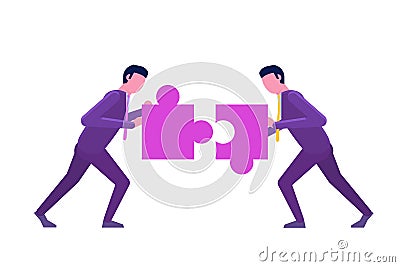 Two businessmen unite the puzzle. Teamwork, working together isometric concept. Vector Illustration