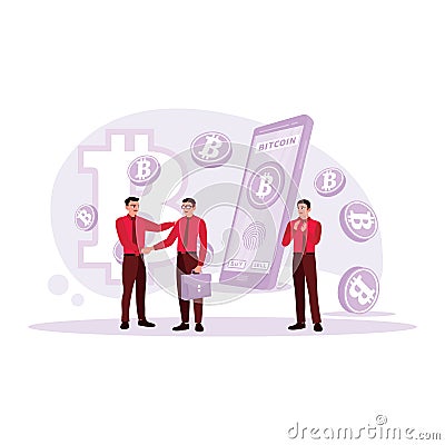 Two businessmen were shaking hands and transacting, an employee applauding. Bitcoin symbol and text transaction. Vector Illustration