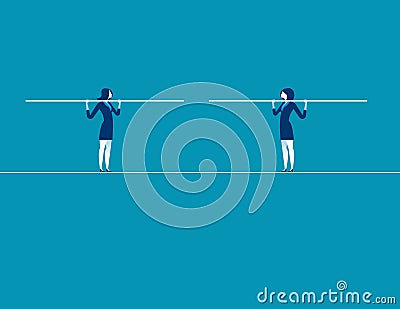 Two businesswomen converge on tightrope. Concept business vector Vector Illustration