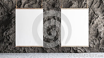 Two Canvas hanged in the gallery with rock wall interior Stock Photo