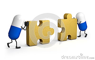 Two Capsule character connecting golden pieces of a puzzle, isolated white background, Golden jigsaw puzzle, 3d illustration Cartoon Illustration