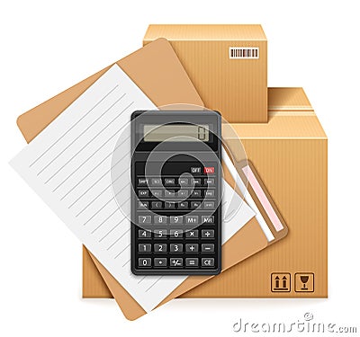 Two cardboard boxes, folder, form and calculator. Vector Illustration