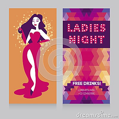 Two cards for Ladies night party with glamour woman drinking champagne Vector Illustration