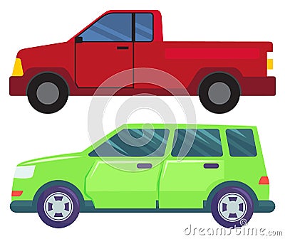 Big Cars Isolated on White, Pickup and Minivan Vector Illustration