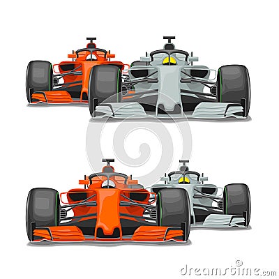 Two cars overtake. Front view. Vector flat Vector Illustration
