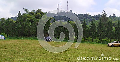 Two cars are parked in a large green grass field and green trees Editorial Stock Photo