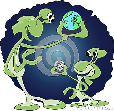 Two cartoon aliens holding earth and moon in their hands vector illustration Vector Illustration