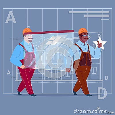 Two Cartoon Builders Carry Glass Wearing Uniform And Helmet Construction Worker Over Abstract Plan Background Male Vector Illustration