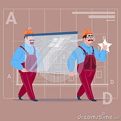 Two Cartoon Builders Carry Glass Wearing Uniform And Helmet Construction Worker Over Abstract Plan Background Male Vector Illustration