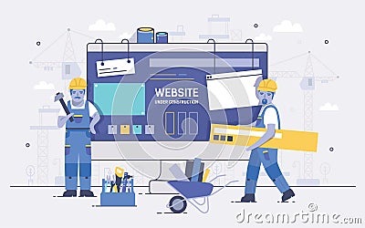 Two cartoon builders holding and carrying repair tools against computer screen on background. Concept of website under Vector Illustration