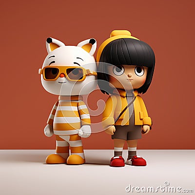 Minimalist 3d Cartoon Kids With Sunglasses And Carved Animal Figures Stock Photo