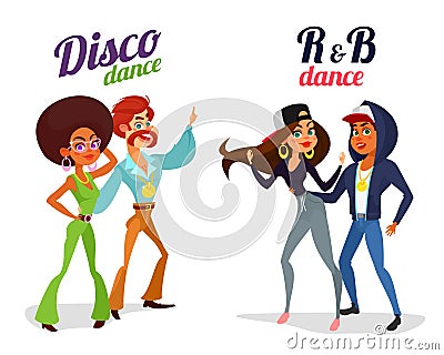 Two cartoon couples dancing dance in disco style and rhythm and blues Cartoon Illustration