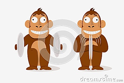 Two cartoon crazy smile monkey playing banding cymbals vector graphic illustration Vector Illustration