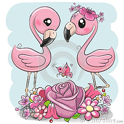 Two Cartoon Flamingos on a blue background Vector Illustration