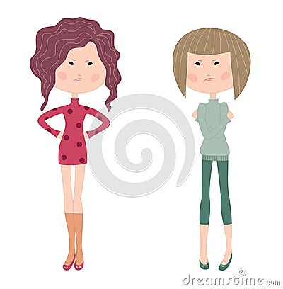 Two cartoon gloomy girls Vector Illustration