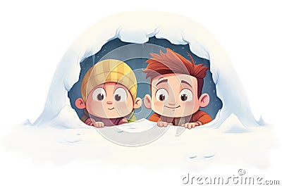 two cartoon kids peeking out from behind a large snowdrift Stock Photo