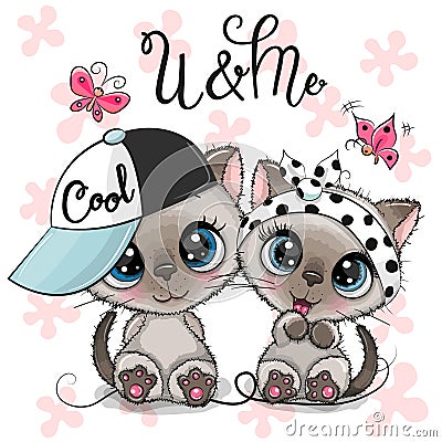 Two Cartoon Kittens boy and girl with cap and bow Vector Illustration