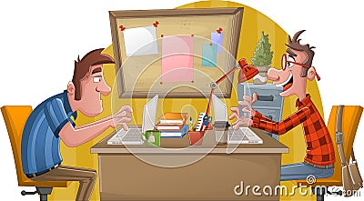 Two cartoon men working with computer. Office workspace with desks. Vector Illustration