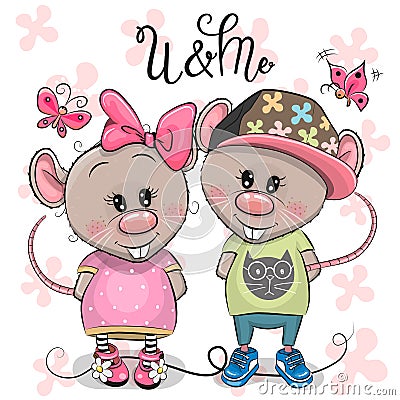 Two Cartoon Rats on a flowers background Vector Illustration