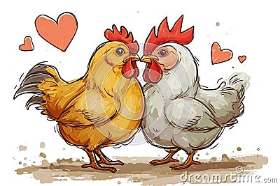 Two Cartoon Roosters Expressing Affection With A Kiss Surrounded by Hearts Cartoon Illustration