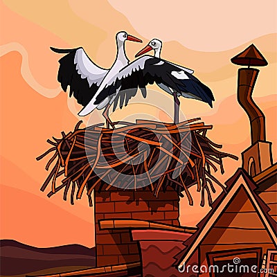 Two cartoon storks in the nest on the roof of the house Vector Illustration