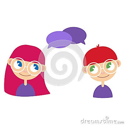 Two cartoon style kids, comics speak bubbles with empty space for text. Girl and boy talking, asking and answering questions, advi Stock Photo