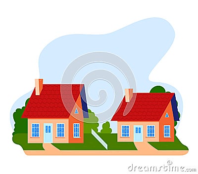 Two cartoon suburban houses with red roofs, trees, and bushes. Idyllic neighborhood concept. Family homes with cozy Cartoon Illustration